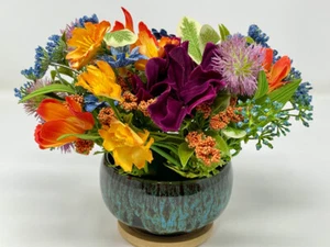 7" Orange-Lila Herbst Frühling Mix Seide Blumen Gesteck in kleinem Keramiktopf - Bild 1 von 12