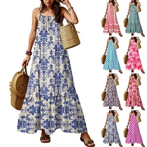 Women Summer Dresses Spaghetti Strap Scoop Neck Smocked Ruffle Flowy Boho Maxi - Picture 1 of 36