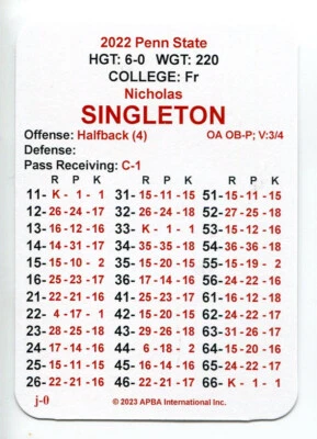 NICK NICHOLAS SINGLETON 2022 APBA Juego PSU Penn St Nittany Lions RB Foto 1 de 2