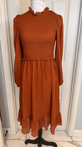 Entrance Womens Small Cinnamon Orange Fit Flare Maxi Ruffle Dress Balloon Sleeve - Picture 1 of 13