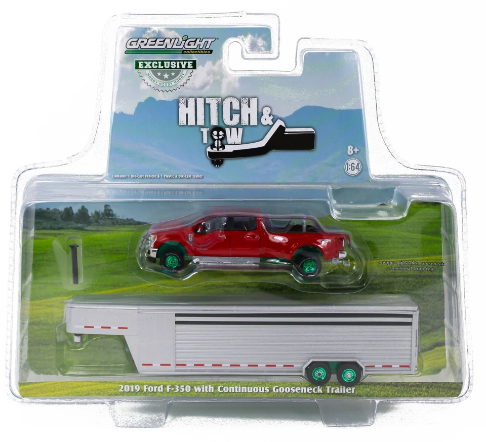 1:64 GreenLight *RED* 2019 Ford F350 Dually w/LIVESTOCK TRAILER GREEN MACHINE - Image 1 of 1