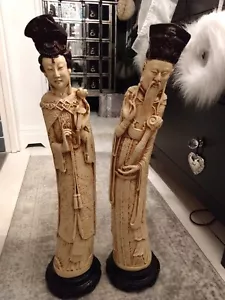 A Large Pair of Vintage Chalk Oriental Figurines on Plinths - Picture 1 of 13