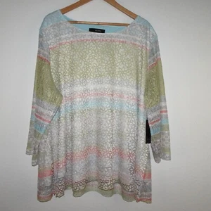 Ali Miles Floral Print Tunic Top Women's Size 3X Boho Loose Fit 3/4 Mesh Sleeves - Picture 1 of 9
