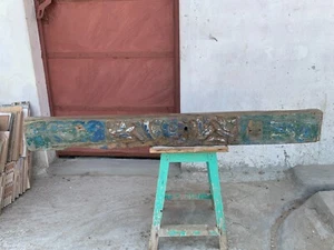 Antique Handcrafted Wooden Floral Carved Blue Wall Hanging Temple Door Panel - Picture 1 of 7