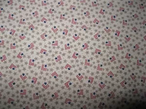 Patriotic Cotton Fabric, 1 yard Flags And Stars On Tan - Picture 1 of 5
