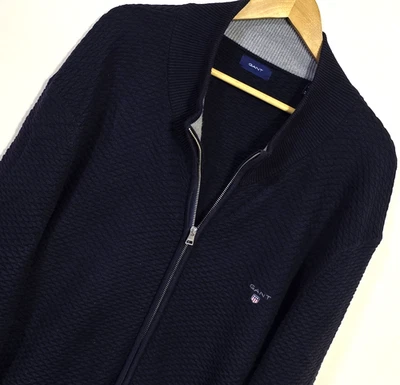 Gant 4XL (Pit To Pit 27.5"=70 cm), Full Zip Textured Navy Blue Jumper (V1597) - Image 1 of 4