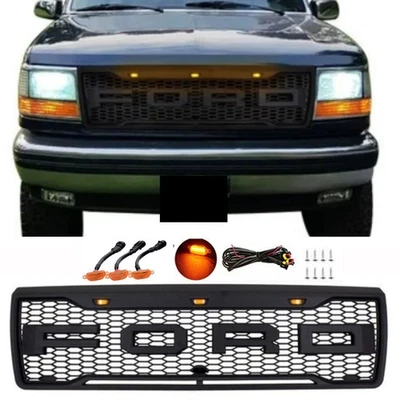 Rejilla de parachoques para Ford F150 Bronco 1992-1996 parrilla con LED + letras negro mate Foto 1 de 4