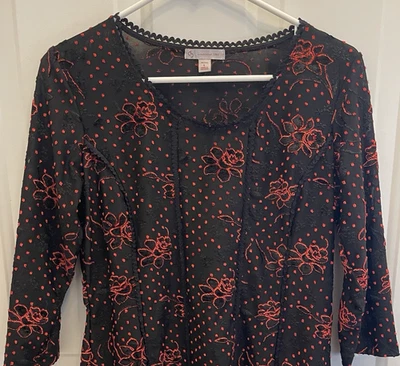 Dressbarn Red Floral Black Velvet Burnout Top Goth Stretch Womens Petite Large - Image 1 of 4