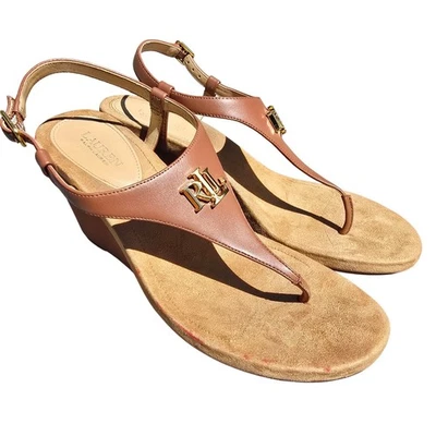 Sandalias de tacón de cuña de cuero tostado Lauren Ralph Lauren para mujer talla 9,5 Foto 1 de 4