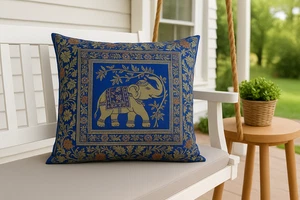 Set Of 2 Indian Elephant Cushion Cover Blue Gold Silk Brocade Throw Pillow Case - Picture 1 of 5