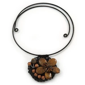 Brown Ceramic, Simulated Pearl 'Flower' Pendant Wired Choker Necklace - - Picture 1 of 5