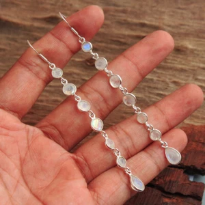 Moonstone Round Gemstone 925 Sterling Silver Long Dangle Earring Jewelry - Picture 1 of 2