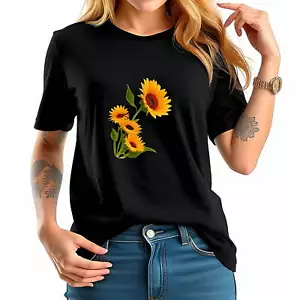 Vibrant Sunflower   T-Shirt for Women - Relaxed Fit Black Tee with-All cotton-- - Picture 1 of 4