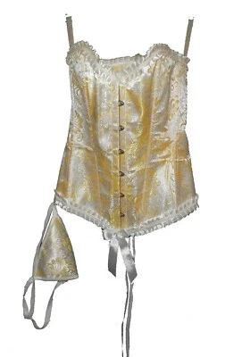 Nuevo 2-PCS: Corsé y Tanga, Jacquard Dorado Con Cordones y Ganchos Volantes Sexy S Foto 1 de 3