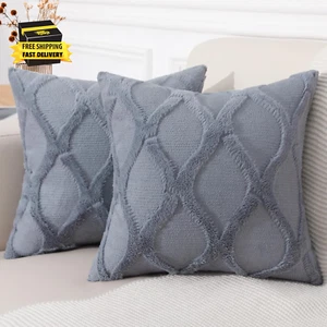 Throw Pillow Covers 18X18 Inch Set of 2, Soft Plush Faux Fur Wool Blue Grey Couc - Picture 1 of 9
