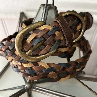 Woven Leather Belt Sz M/L Guatemala Multicolor Brown Black Cream Braided Brass - Image 1 of 4