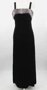 VTG 60s Black Velvet Maxi Dress W/ Faux Fur Trim Sz S/M 1960s Long Gown Hostess - Picture 1 of 12