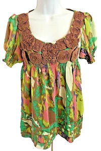 ECI Peasant Top Size 4 Green Brown Lace Embellished Smocked Empire Waist Blouse - Picture 1 of 1