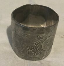 Antique Silver tone metal Napkin Ring floral Pattern inscribed 1886 