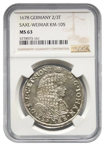 Germany, Saxe - Weimar, 2/3 Thaler, 1678, Johann Ernst II, NGC MS63 - Picture 1 of 4