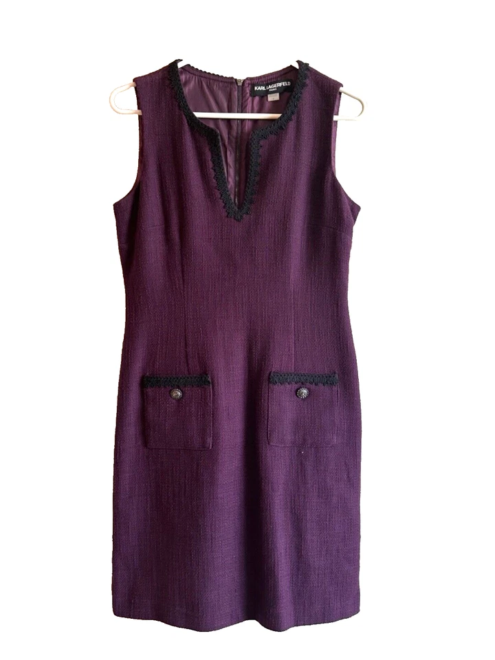 Karl Lagerfeld Purple Tweed Embroidery Sleeveless Sheath Dress Size 6 - Image 1 of 4