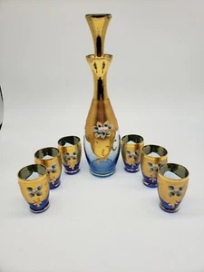 Bohemian Czech Gold Gilt Enamel Flowers Decanter and Cordials Blue  T27 - Picture 1 of 9