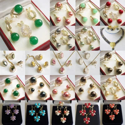 18K Gold Plated Jewelry Set Agate Pendant Necklace Earrings Ring Wedding Party - Изображение 1 из 4