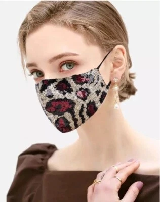 FACE COVER- Red ANIMAL PRINT -BREATHABLE SEQUIN-Adult- Adjustable Straps - Image 1 of 4