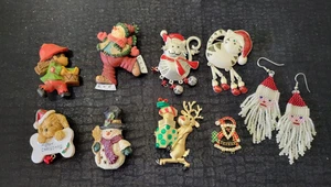 VINTAGE WEIHNACHTSSCHMUCK BROSCHE SKURRILES KONVOLUT - 8 ANSTECKNADELN & 1 PAAR OHRRINGE - Bild 1 von 10