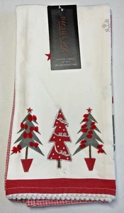RACHEL ZOE KITCHEN TOWELS (3 ) RED CREAM SILVER TREES 100% COTTON  NWT - Foto 1 di 3