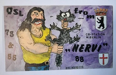 Vintage Adria-9 QSL “Nervi” with Cartoon Cat – Berlincard 212 – 80s West Berlin - Image 1 of 2