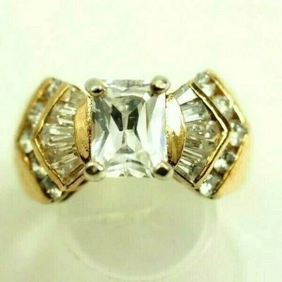 Ladies 1carat Emerald Cut Zircon Ring Vermeil Gold over Sterling Silver size 6 - Image 1 of 4