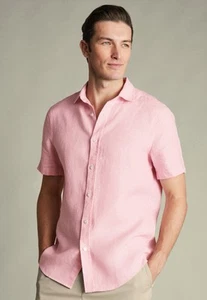 Camisa Charles Tyrwhitt Hombres Rosa Calce Ajustado Lino Puro Talla PEQUEÑA Manga Corta Nueva - Imagen 1 de 11
