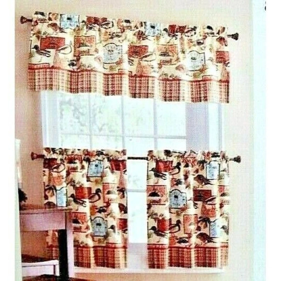 Pine Lake Fishing Lodge Kitchen Curtain 3-pc Vallance Tiers Retro Cabin Home  - Image 1 of 4