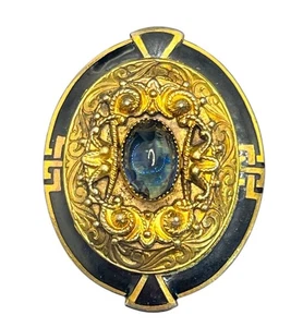 Etruscan Revival gold tone ornate black enamel blue cabochon brooch pin vintage - Picture 1 of 16
