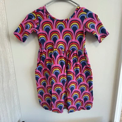 Hanna Andersson Girls skater Dress Rainbow Pink Blue Red Yellow Size 6-7 Pockets - Image 1 of 4