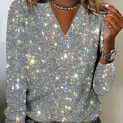Blusa brillante de manga larga con cuello en V talla grande para oficina y C Foto 1 de 4