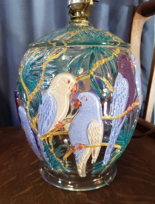 Vintage Consolidated Glass Reverse Painted Parakeet Perruches Style Lamp Base  - Image 1 of 4