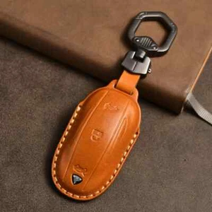 Leather Car Key Case Cover Fob For Tesla Model 3 Model X S Shell Holder Keychain - Picture 1 of 9