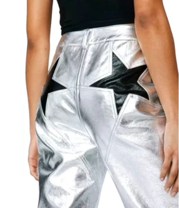 Nasty Gal Metallic Silver Faux Leather Pants Star Detail Women’s UK Size 10 - Picture 1 of 6
