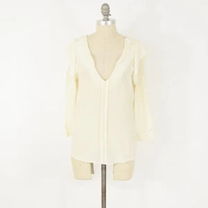Rebecca Minkoff Blouse 6 Ivory Off-White Drape Silk Ruffle Collar V-Neck Top - Picture 1 of 7