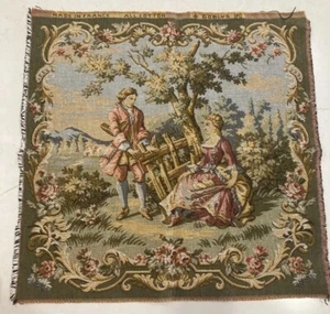 Goblys French Tapestry Couple Courting Cotton Green Pink European Rococo (?) 20” - Picture 1 of 14