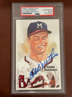 Eddie Mathews Perez Steele HOF Postcard PSA/DNA Auto Signed Braves Encapsulated - Image 1 of 2