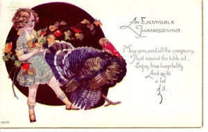 Postal de colección años 20 post acción de gracias saludo poema niña con arte de pavo - Imagen 1 de 2