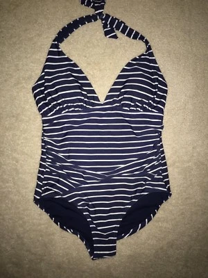 GAP BODY Blue & White Stripe One Piece Swimsuit Size Large Halter Strap Neck Tie - Image 1 of 3
