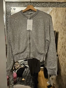 ZARA KNIT BOMBER CARDIGAN WITH METALLIC THREAD size S Small ref 3653 107 Blog Fa - Picture 1 of 4