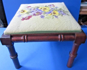 Vintage Beige Floral NEEDLEPOINT FOOTSTOOL Carved Wood Base - Picture 1 of 15