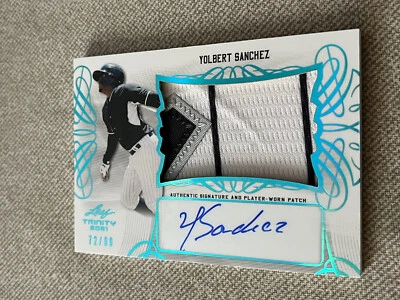 YOLBERT SANCHEZ 2021 Leaf TRINITY AUTOGRAPH PATCH #72/99 White Sox Prospect CUBA - Image 1 of 2