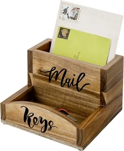 Entryway Brown Wood Mail Holder and Key Organizer, Office Desktop Organizing Bin - Picture 1 of 7