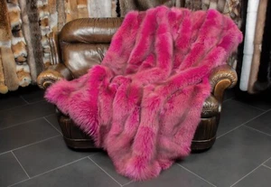 1372 Red Fox Fur Blanket in pink Genuine Pelt Throw Real Fur Blanket Fox Cover - Picture 1 of 9